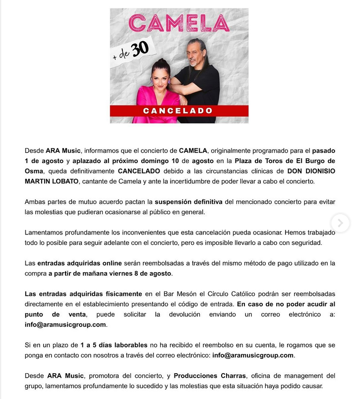 Cancelado definitivamente el concierto de Camela en El Burgo de Osma por motivos de salud | Imagen 1