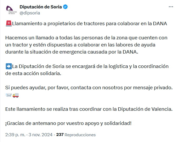 La Diputaci&oacute;n llama a los tractoristas sorianos para colaborar en las labores tras la DANA | Imagen 1