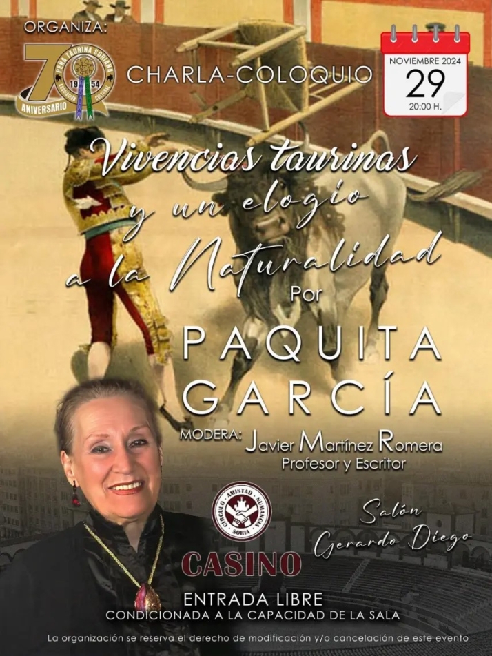 Este viernes, charla taurina de la conocida cr&iacute;tica soriana Paquita Garc&iacute;a | Imagen 1