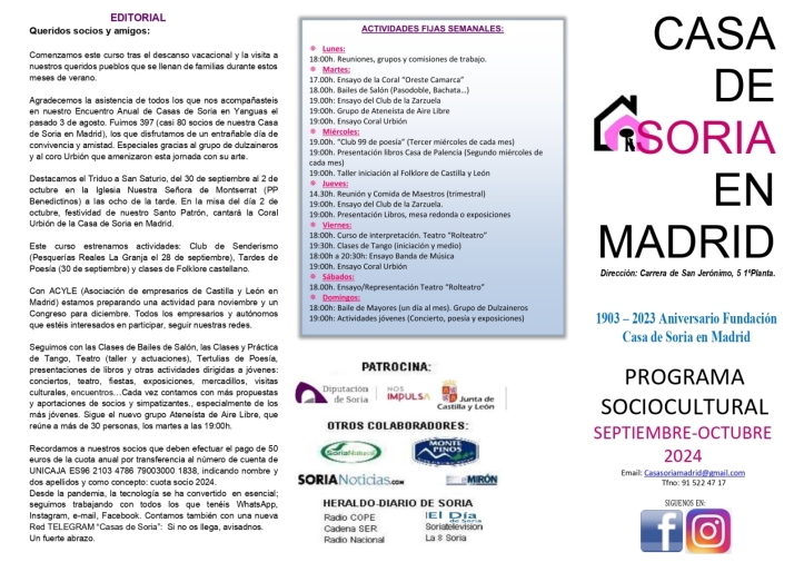 Este es el programa sociocultural para septiembre y octubre de la Casa de Soria en Madrid | Imagen 1